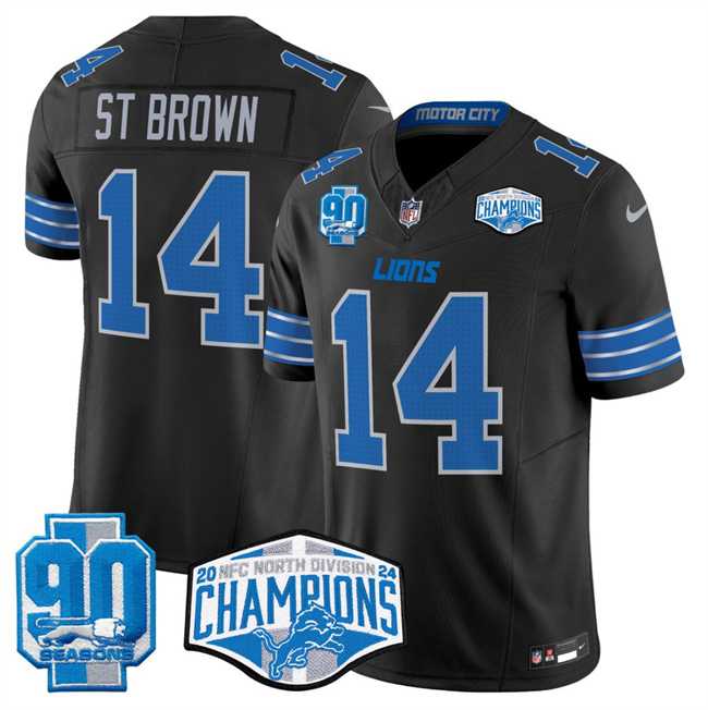 Men%27s Detroit Lions #14 Amon-Ra St. Brown Black 2024 NFC North Champions 90th Anniversary Patch F.U.S.E. Vapor Limited Stitched Jersey